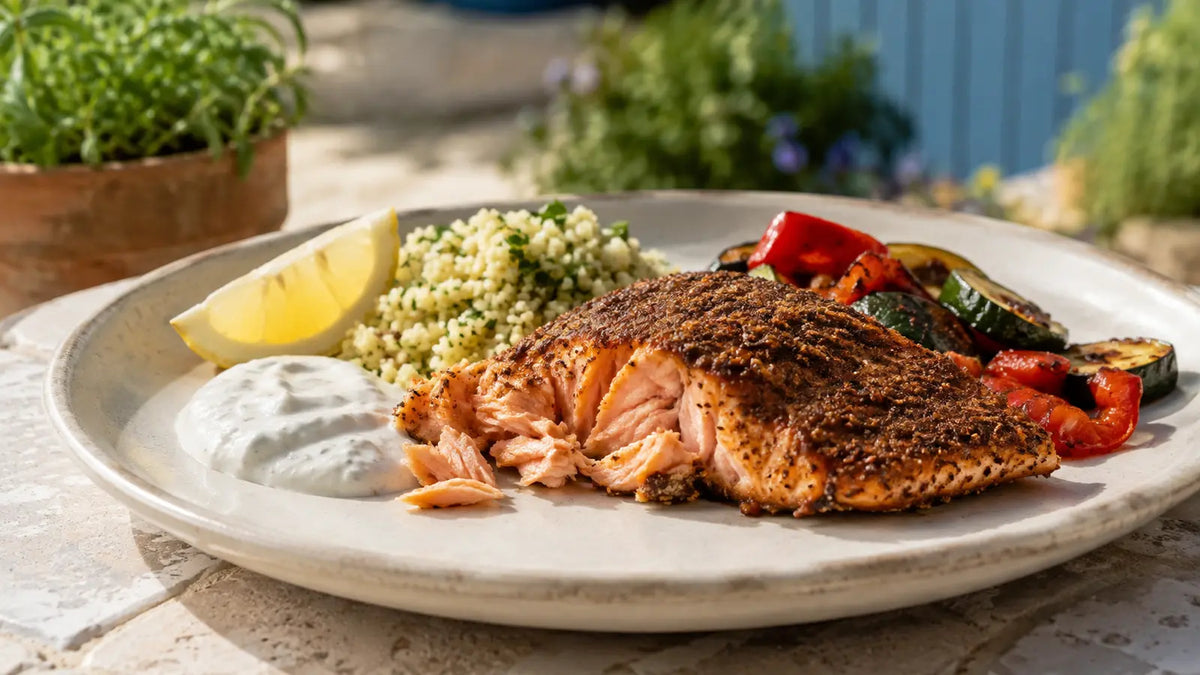 Shawarma spiced salmon fillet served with herby cous cous, roasted vegetables and lemon.