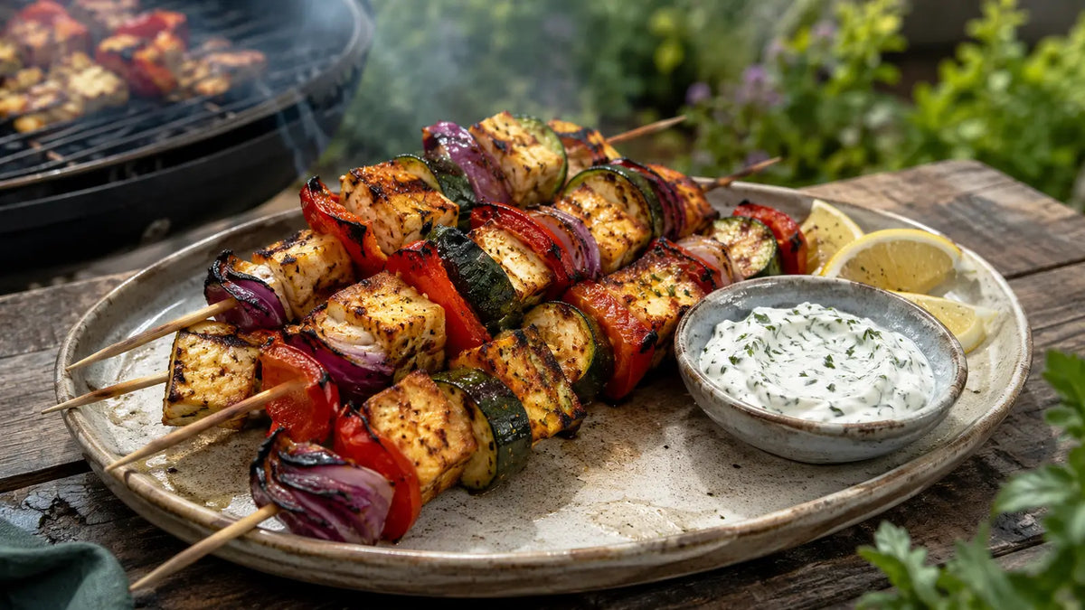Shawarma spiced halloumi skewers with peppers and red onion served with lemon and yoghurt dip.