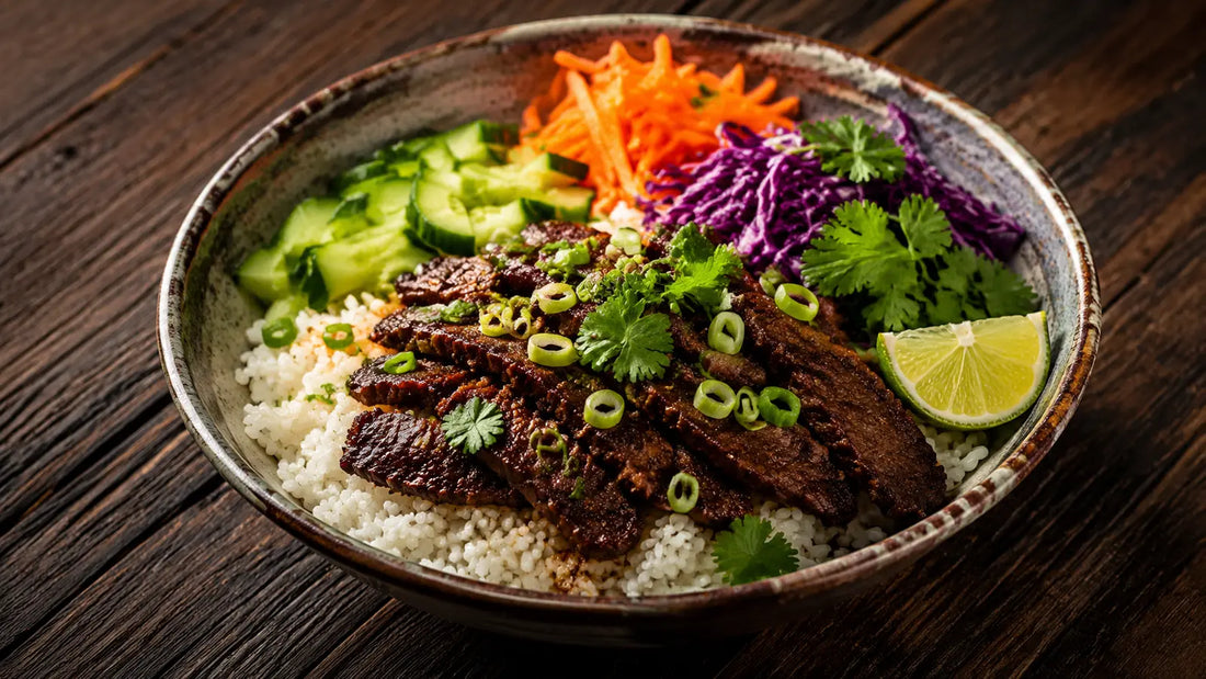 Singapore Seasoning beef rice bowls with cucumber, carrot, red cabbage, spring onions, coriander and lime.