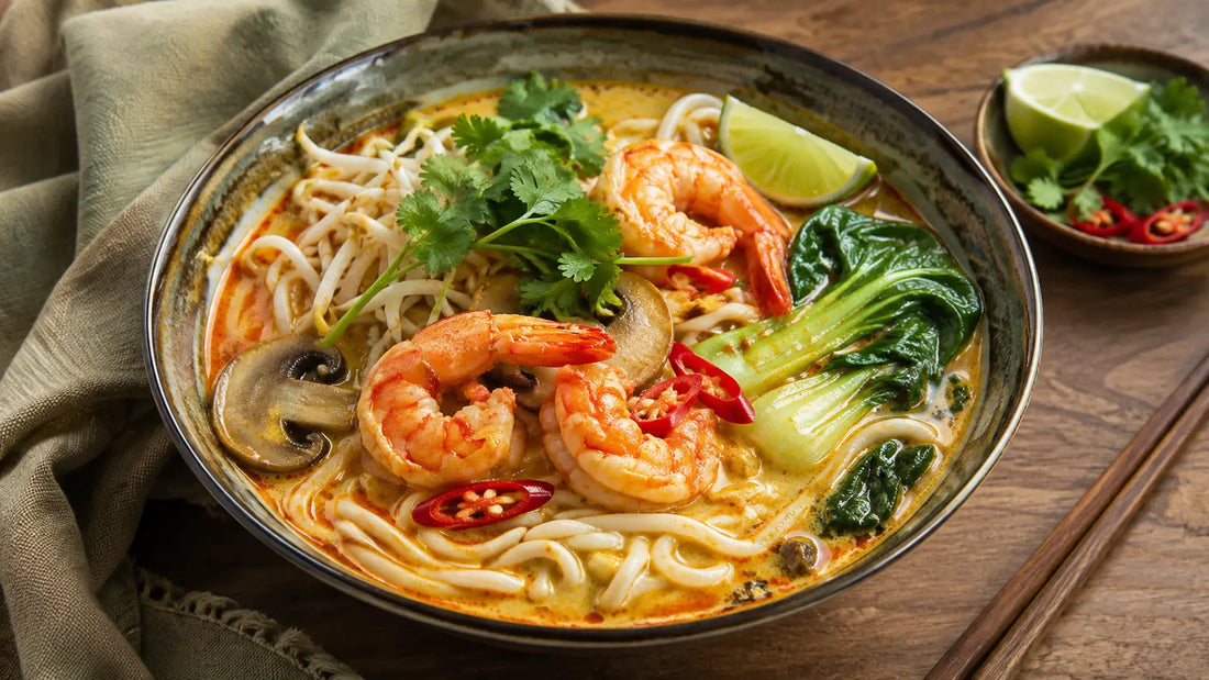 Singapore Seasoning prawn and coconut noodle soup with pak choi, mushrooms, bean sprouts, coriander, chilli and lime.