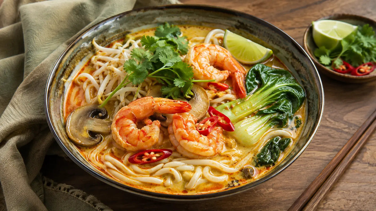 Singapore Seasoning prawn and coconut noodle soup with pak choi, mushrooms, bean sprouts, coriander, chilli and lime.