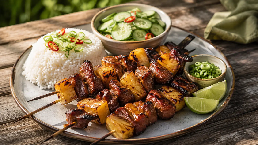 Singapore Seasoning sticky pork and pineapple skewers with coconut rice, cucumber salad and lime.