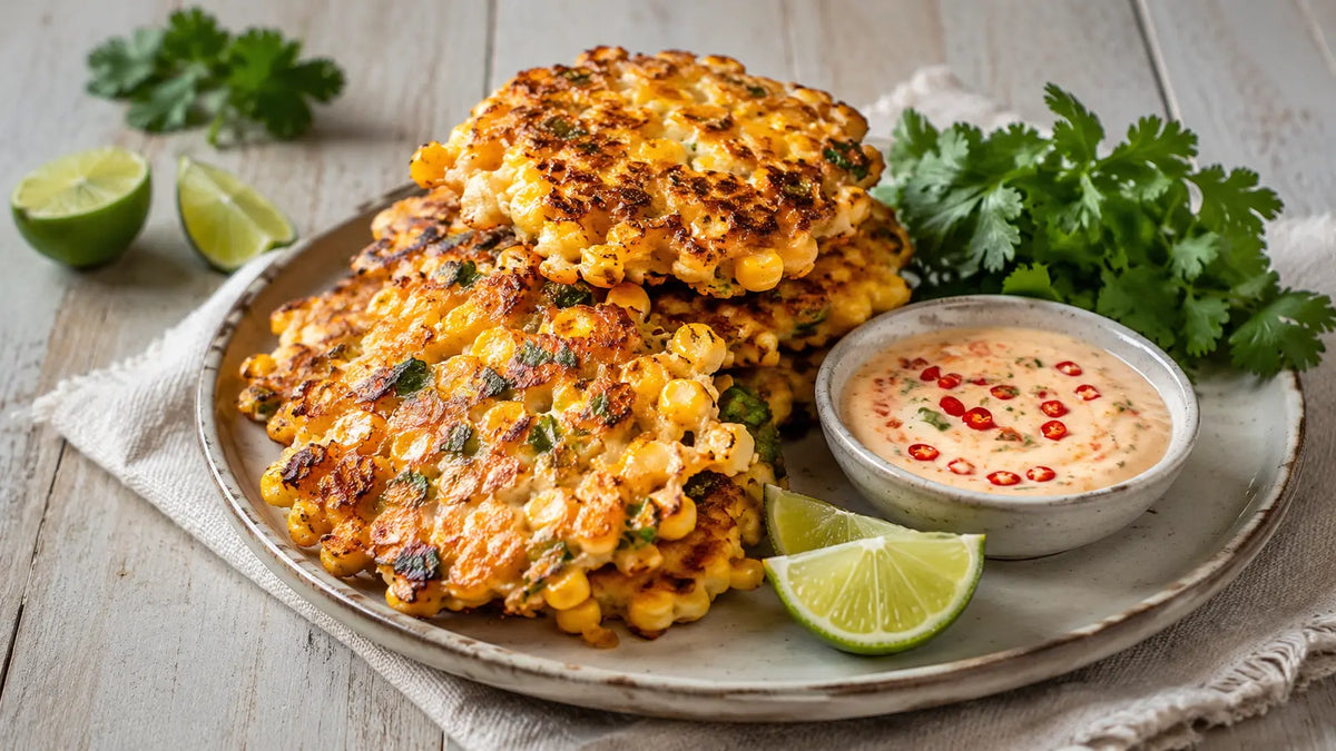 Singapore Seasoning sweetcorn fritters served with creamy chilli-lime dip, coriander and lime wedges.