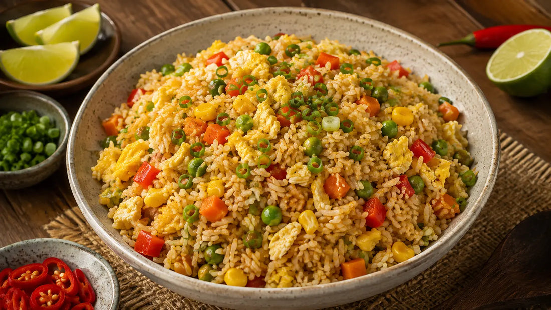 Singapore Seasoning vegetable egg fried rice with peas, carrots, peppers, sweetcorn, spring onions, chilli and lime.