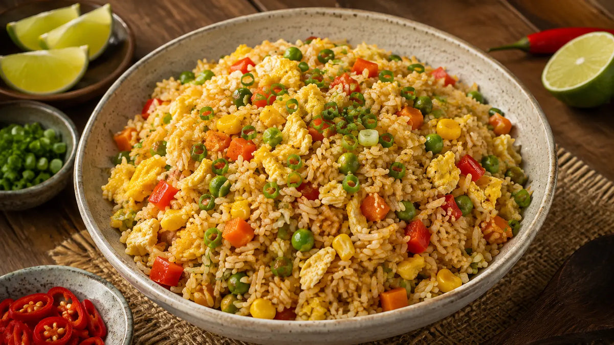 Singapore Seasoning vegetable egg fried rice with peas, carrots, peppers, sweetcorn, spring onions, chilli and lime.