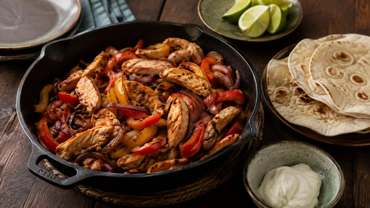 Sizzling chicken fajitas with golden seasoned chicken, red and yellow peppers and onions served in a cast-iron skillet with warm tortillas.