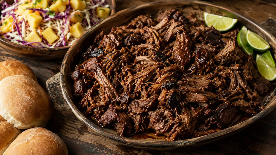 Tender slow-cooked jerk pulled pork served with pineapple slaw, fresh lime wedges and soft bread rolls.