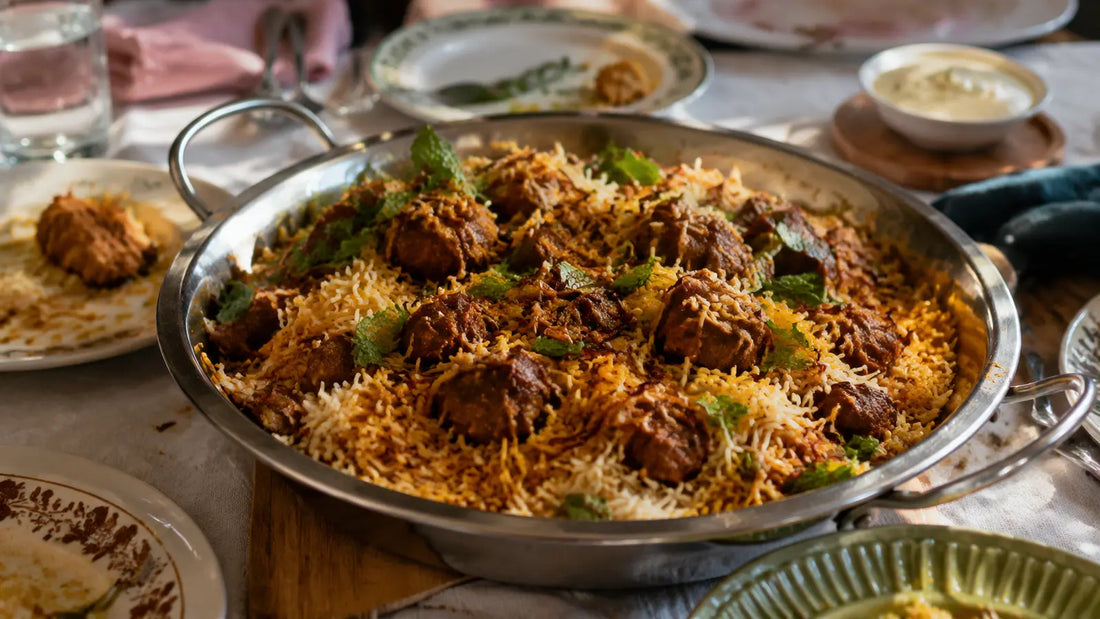 Slow-cooked lamb biryani served family-style with aromatic basmati rice, caramelised onions and mint.