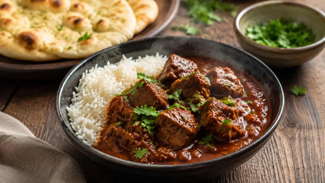 Slow-cooked lamb Rogan Josh in a deep red aromatic sauce, served with basmati rice, naan and coriander.
