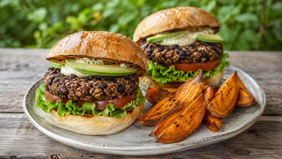 Homemade Smokey Bean black bean burgers with avocado yoghurt and sweet potato wedges.