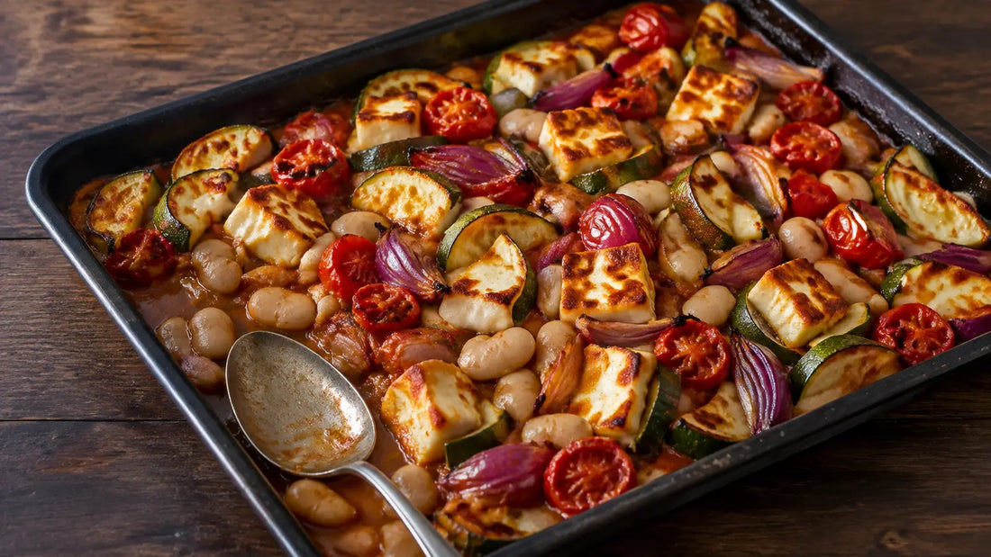 Smokey Bean halloumi traybake with courgettes, cherry tomatoes, red onion and butter beans.