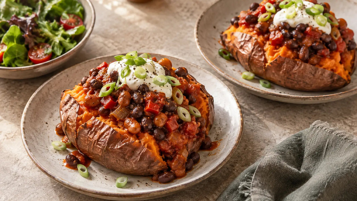 Baked sweet potatoes loaded with Smokey Bean mixed beans, red pepper, tomatoes, natural yoghurt and spring onions.