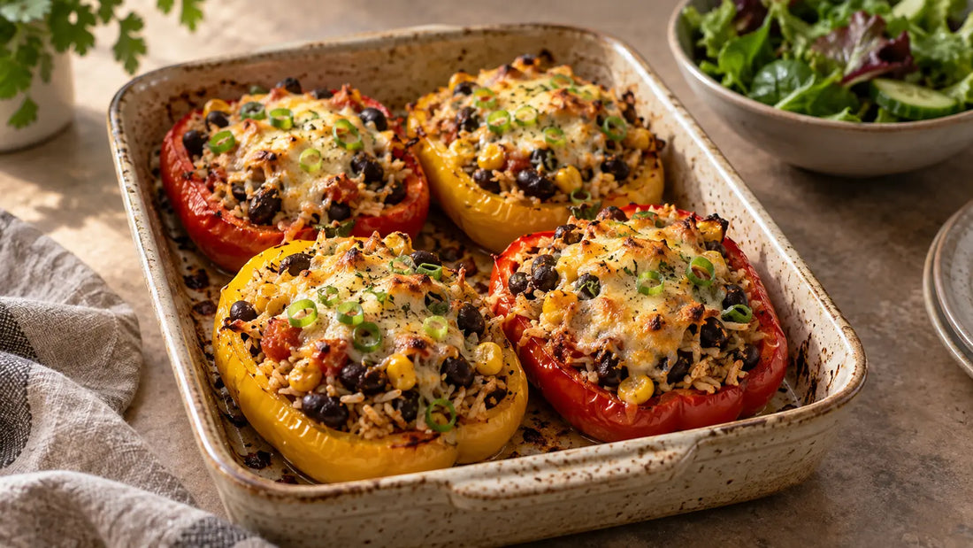 Roasted peppers stuffed with Smokey Bean rice, black beans, sweetcorn, tomatoes and golden Cheddar.