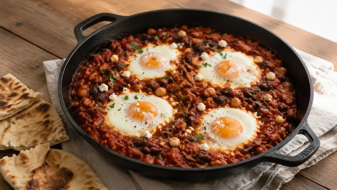 Smokey Bean shakshuka with four baked eggs in a thick tomato and mixed bean sauce.