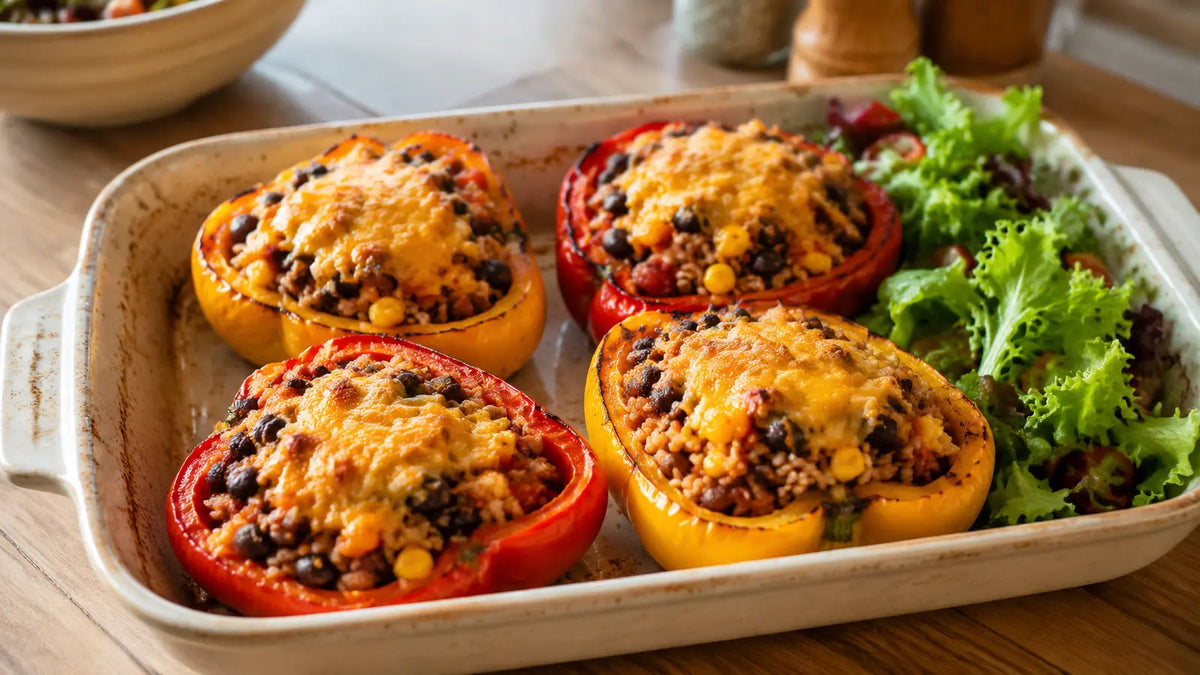 Roasted peppers stuffed with Smokey Bean rice, black beans, sweetcorn and melted Cheddar.