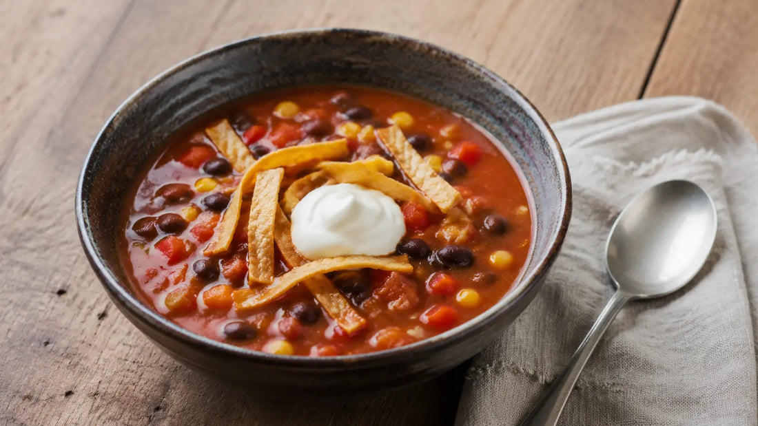 Smoky black bean taco soup with sweetcorn, red pepper, tomato, sour cream and crisp tortilla strips.