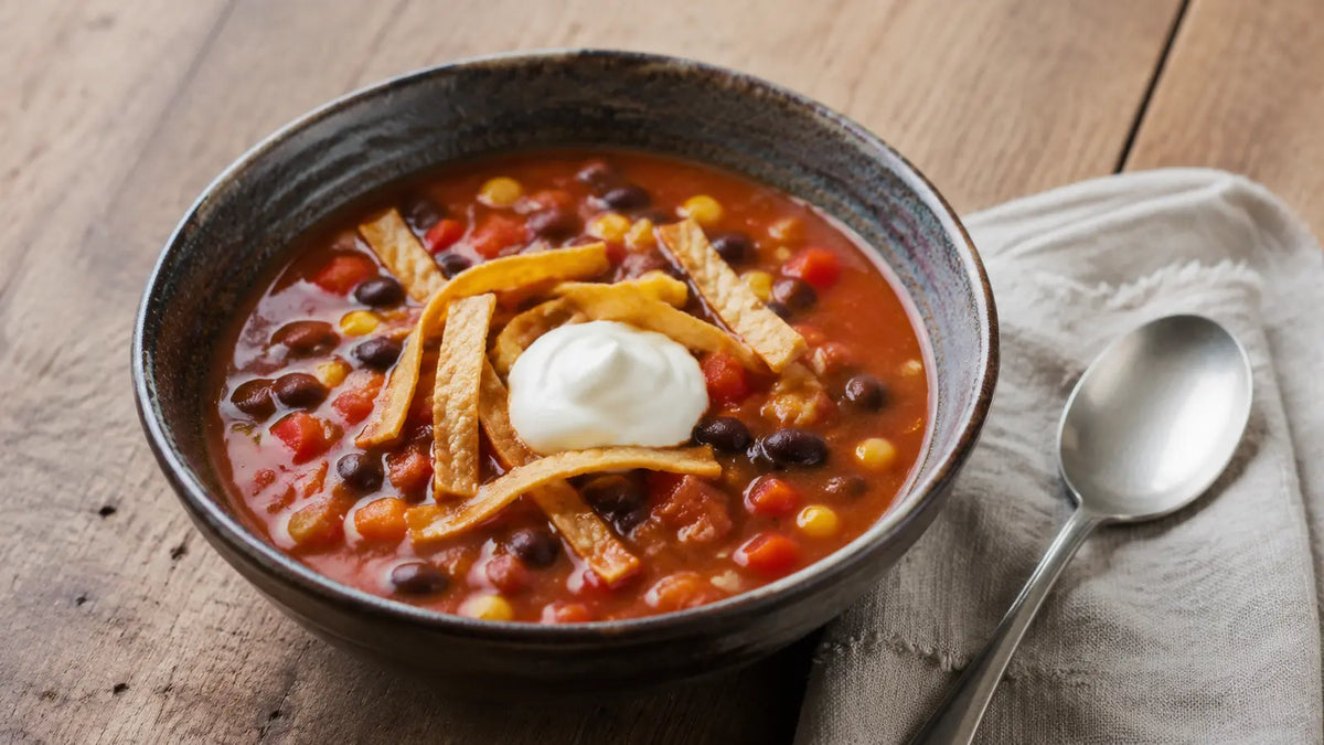 Smoky black bean taco soup with sweetcorn, red pepper, tomato, sour cream and crisp tortilla strips.