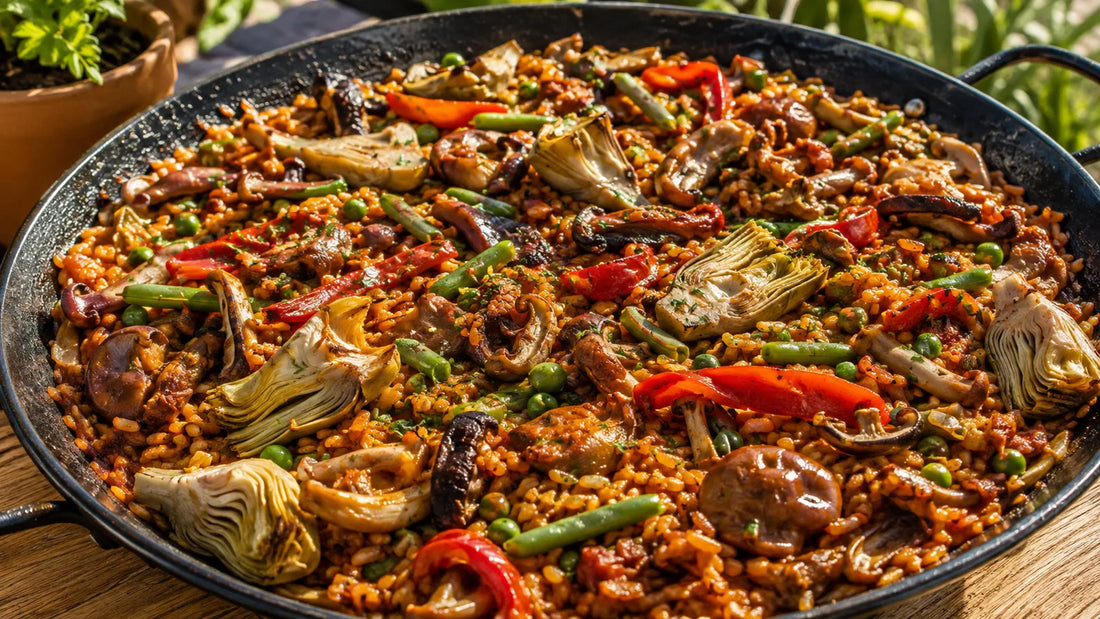 Smoky mushroom and artichoke paella with peppers, green beans and peas in a black paella pan.