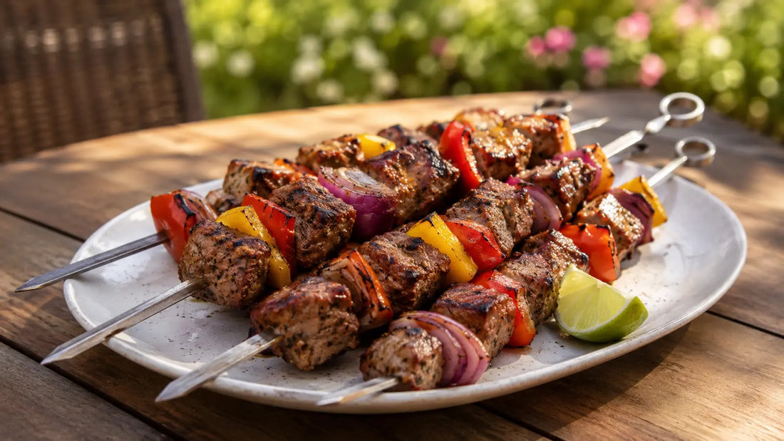 Smoky Mexican Ranch beef kebabs with seared beef, red and yellow peppers and red onion served with lime.