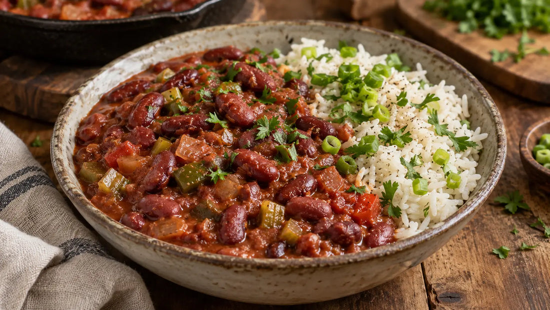 Smoky Louisiana-style red beans in a rich tomato and pepper sauce served with fluffy white rice and fresh herbs.