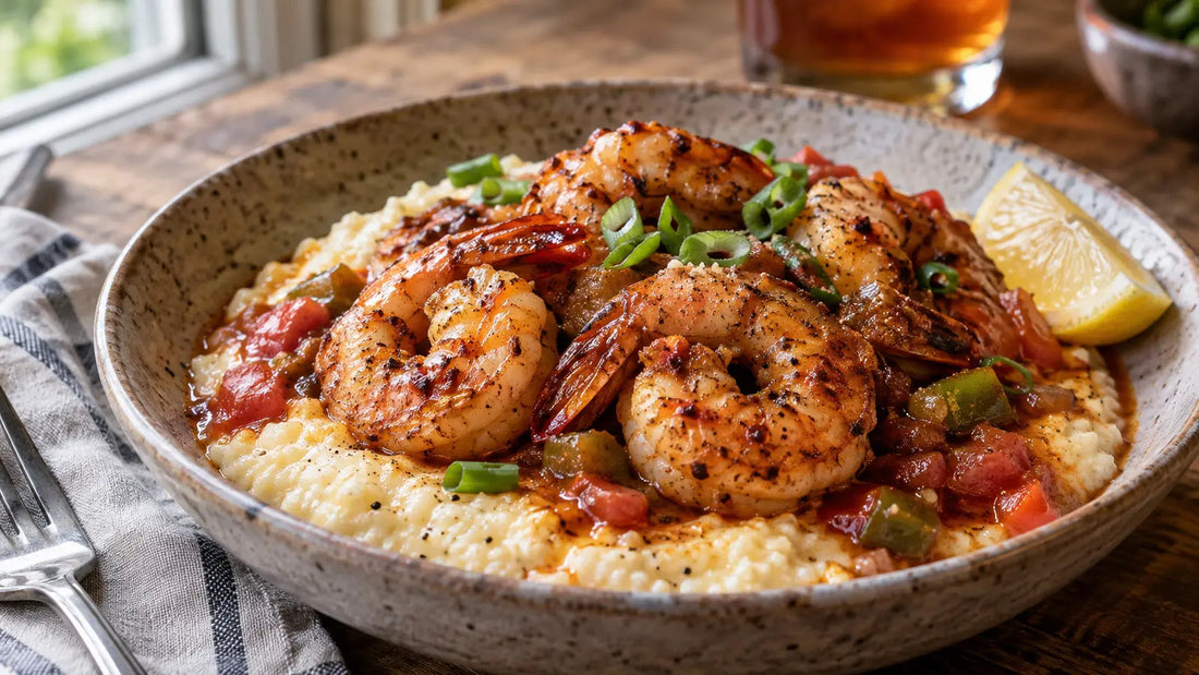Soul Food-spiced king prawns with tomato and peppers served over creamy grits with spring onions and lemon.