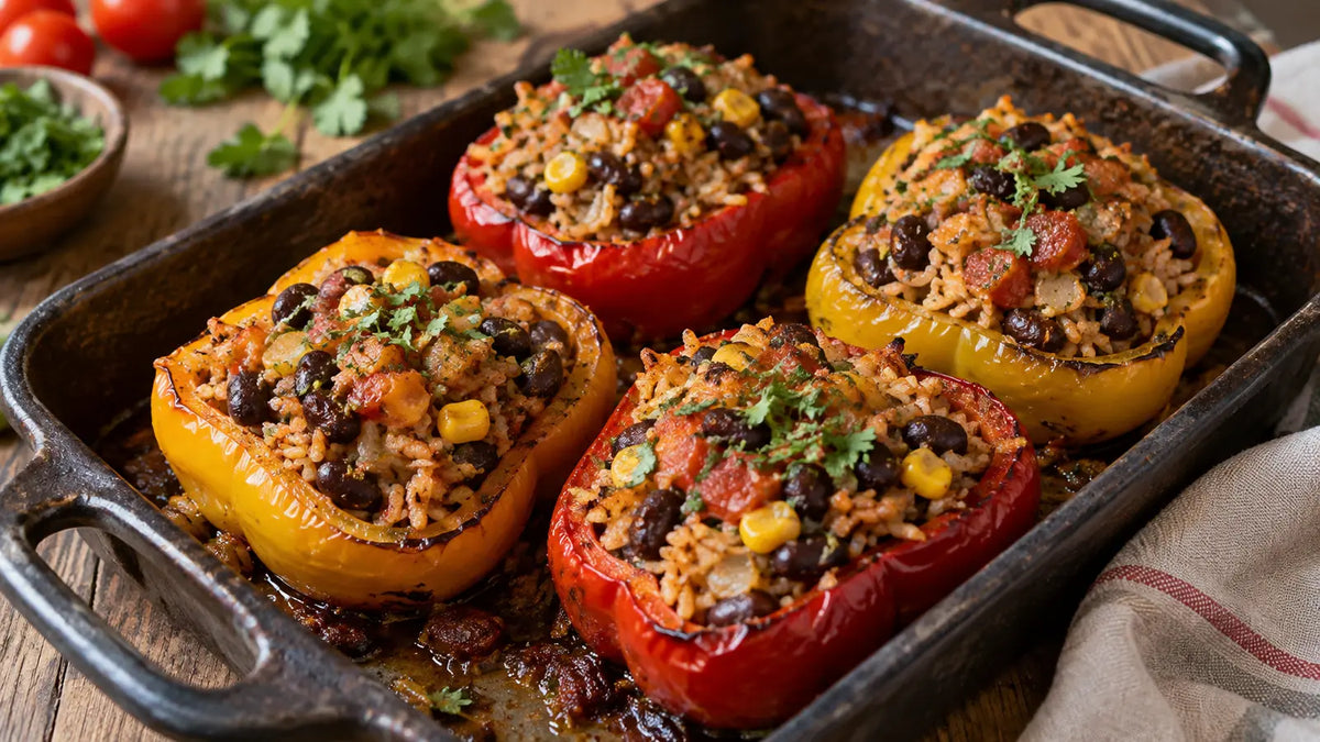 Roasted red and yellow peppers filled with Soul Food-spiced rice, black beans, sweetcorn and tomatoes.