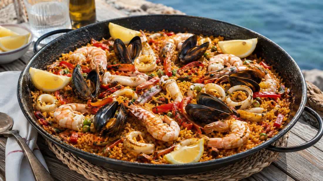 Spanish-inspired seafood paella with king prawns, mussels, squid, red peppers, peas and lemon beside the sea.