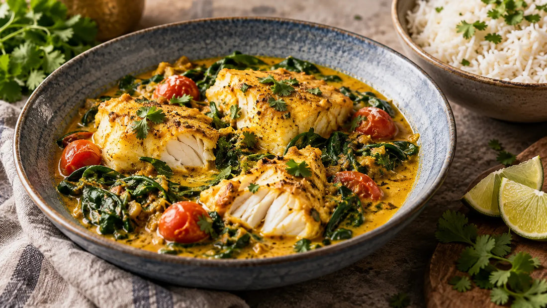 Spiced cod in a golden coconut and lime curry with spinach and tomatoes