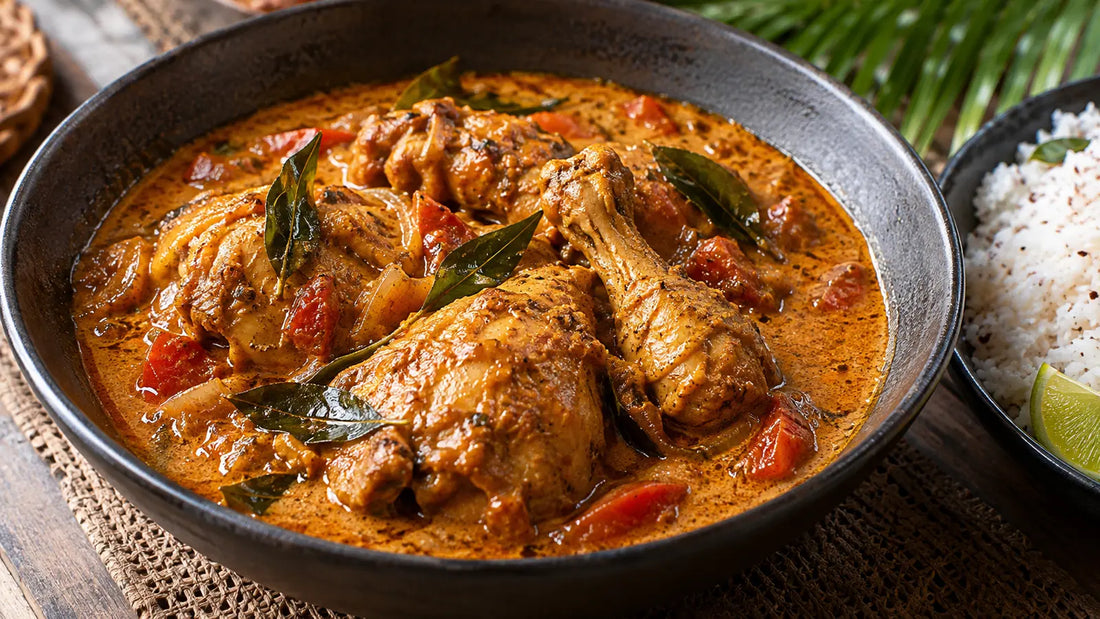 Sri Lankan coconut chicken curry with tomato, curry leaves, coconut rice and lime