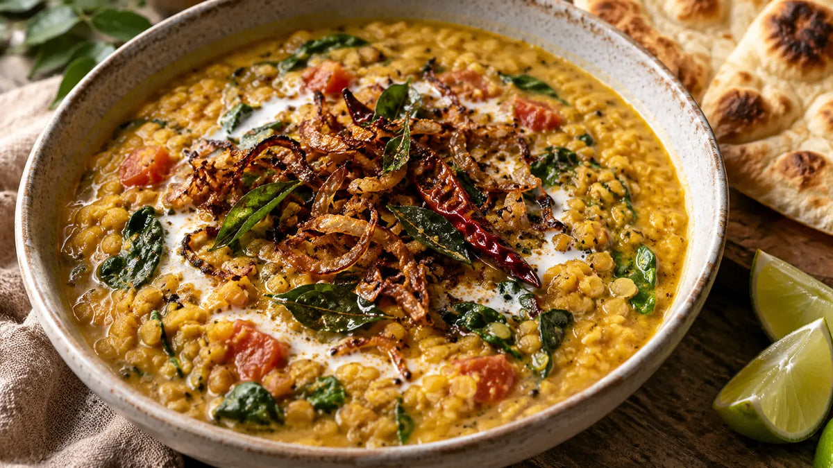 Sri Lankan coconut dhal with spinach, crispy onions, curry leaves and lime