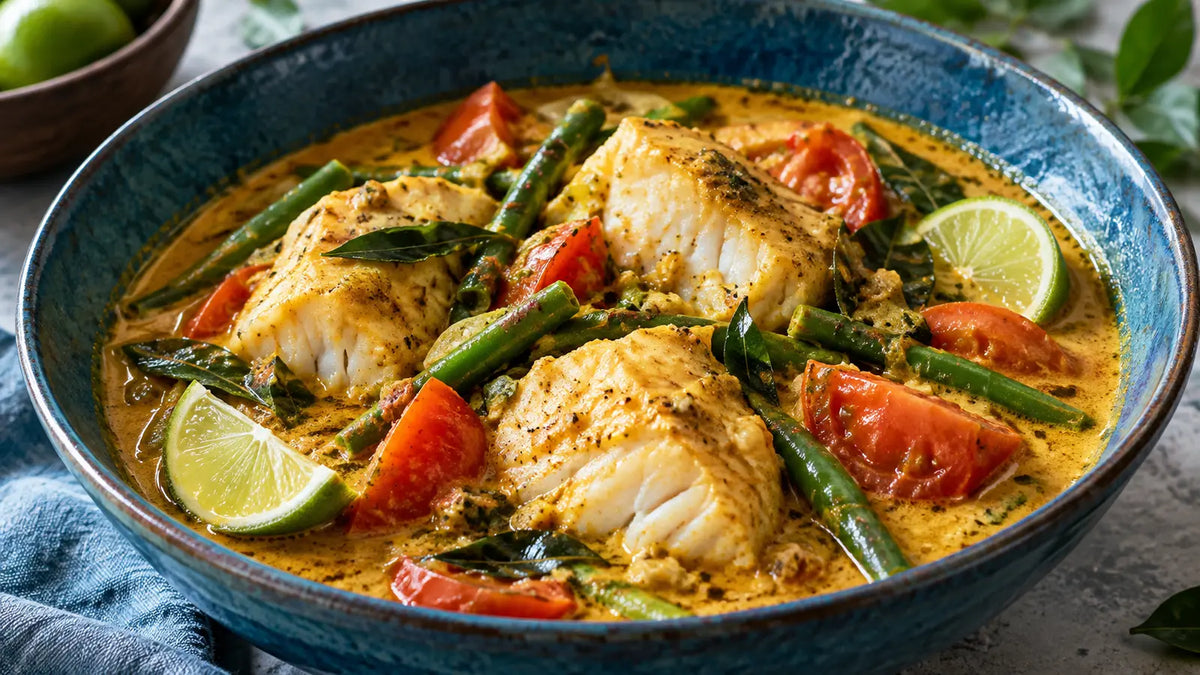 Sri Lankan white fish curry with tomato, green beans, curry leaves and lime