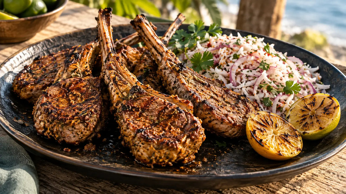 Sri Lankan spiced lamb cutlets with coconut sambol and charred lemon