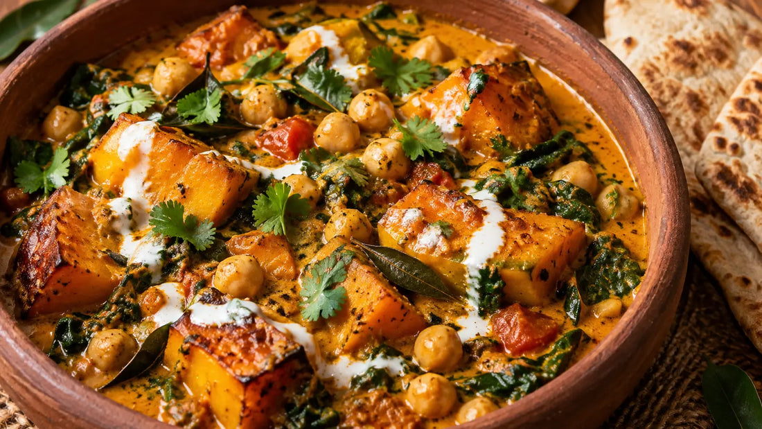 Sri Lankan roast pumpkin and chickpea curry with spinach in a terracotta bowl