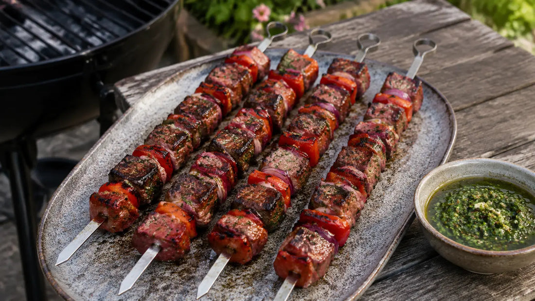 Grilled Steak Spice beef, red pepper and onion kebabs served with fresh green chimichurri.