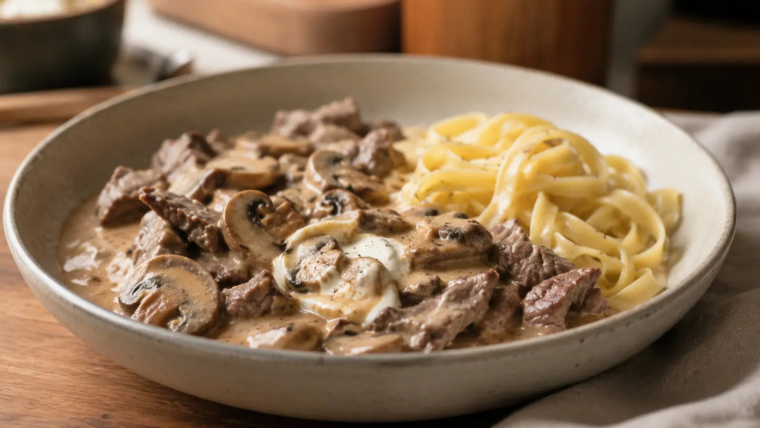 Creamy Steak Spice beef and mushroom stroganoff served with buttered tagliatelle.