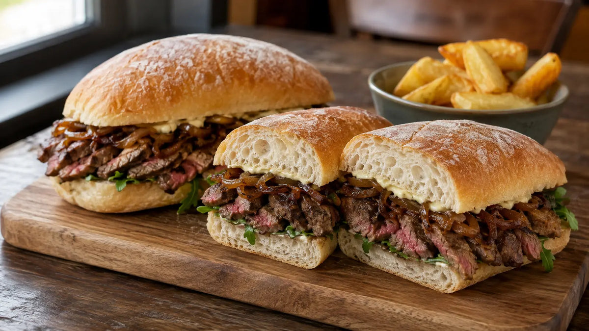 Warm Steak Spice ciabatta sandwiches filled with sliced beef, caramelised onions and rocket.