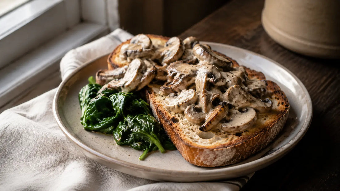 Creamy Steak Spice chestnut mushrooms on toasted sourdough with wilted spinach.