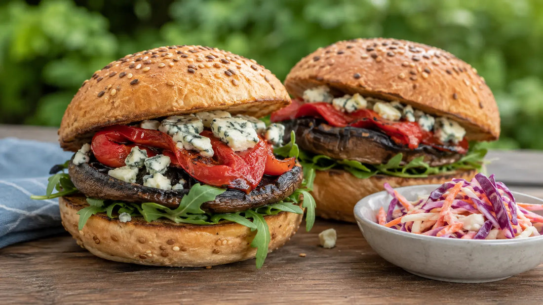 Steak Spice portobello mushroom burgers with blue cheese, roasted peppers and rocket.