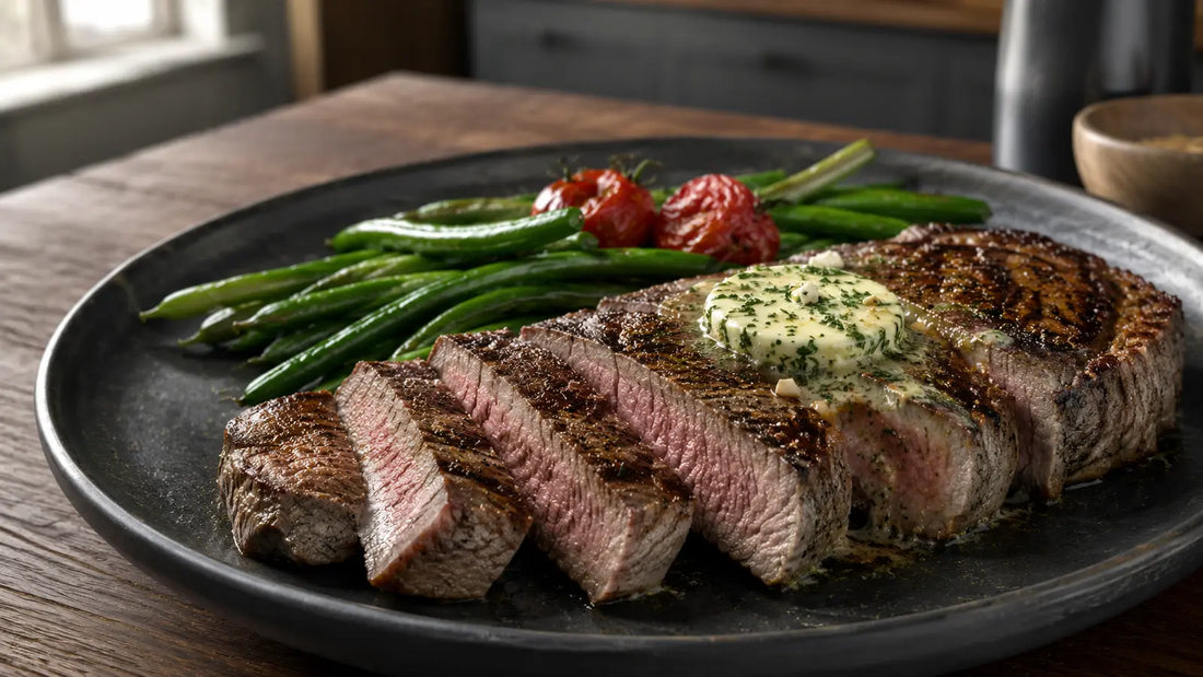 Sliced seasoned sirloin steak with melting garlic herb butter, green beans and roasted tomatoes.