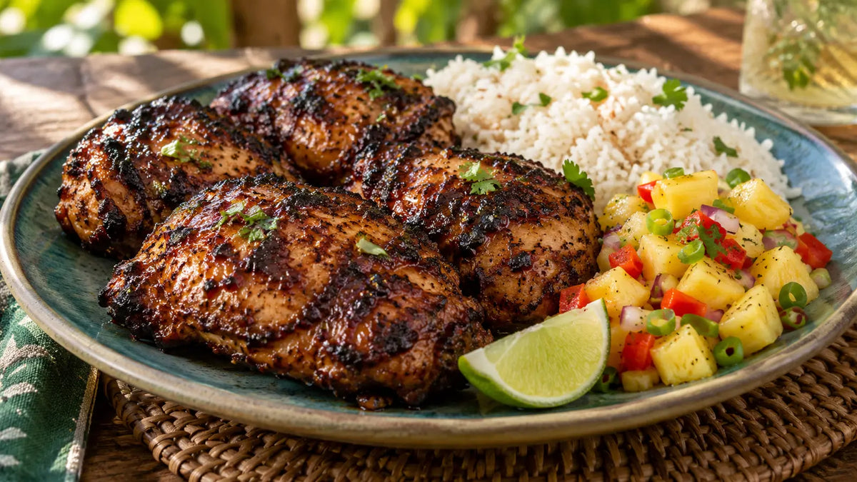 Sticky Jammin Jamaican jerk-style chicken thighs served with coconut rice, pineapple salsa and lime on a rustic outdoor table.