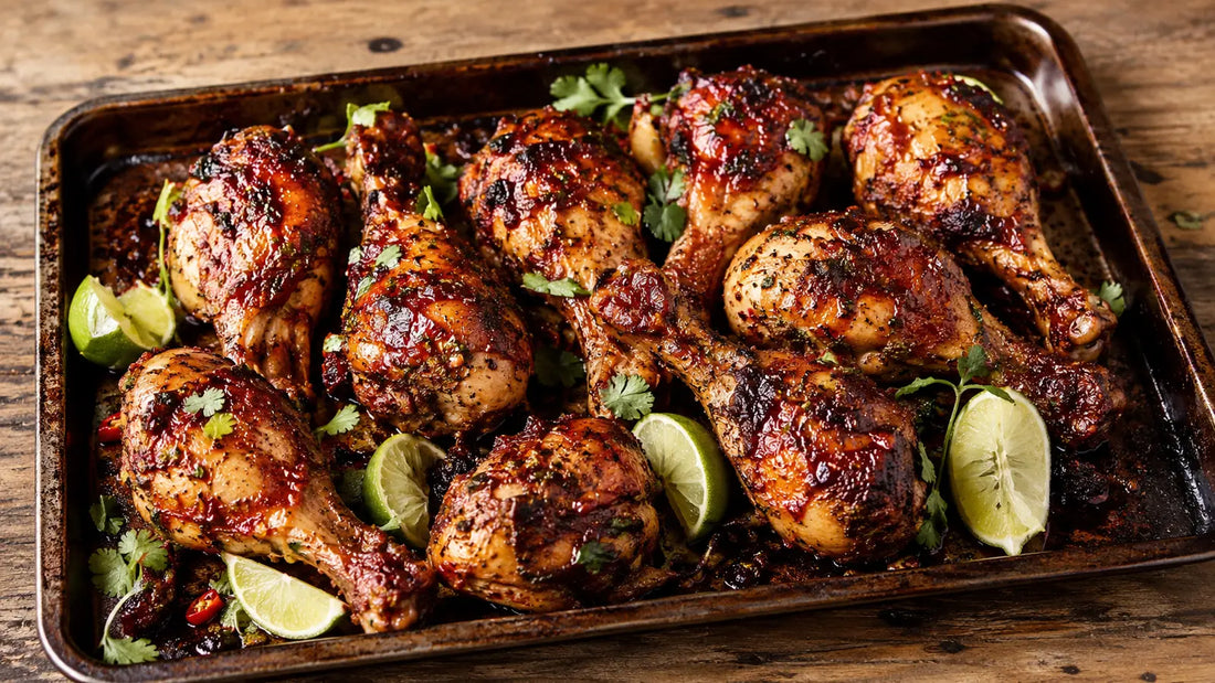 Sticky jerk chicken drumsticks with a caramelised glaze, charred edges, fresh lime and coriander on a rustic roasting tray.