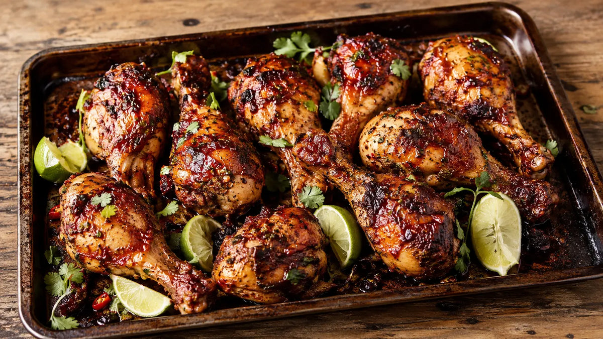 Sticky jerk chicken drumsticks with a caramelised glaze, charred edges, fresh lime and coriander on a rustic roasting tray.