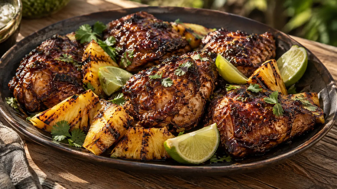 Sticky jerk chicken thighs with charred pineapple, fresh lime and coriander