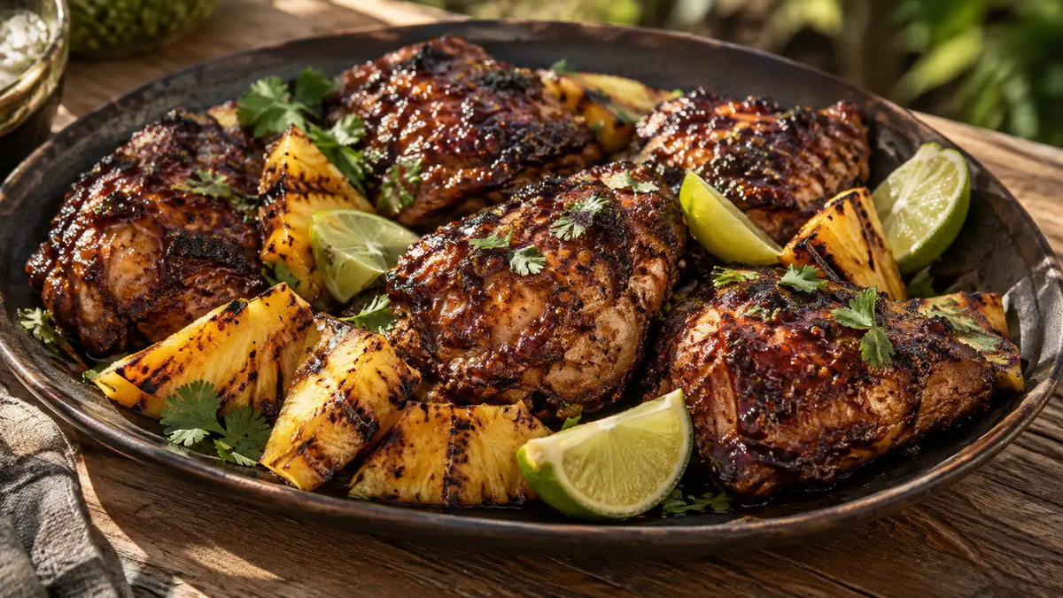 Sticky jerk chicken thighs with charred pineapple, fresh lime and coriander