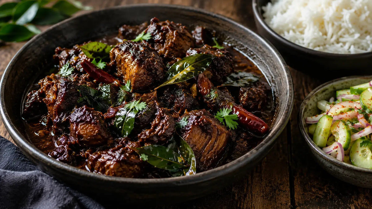 Sticky Sri Lankan black pork curry with curry leaves, rice and cucumber sambol