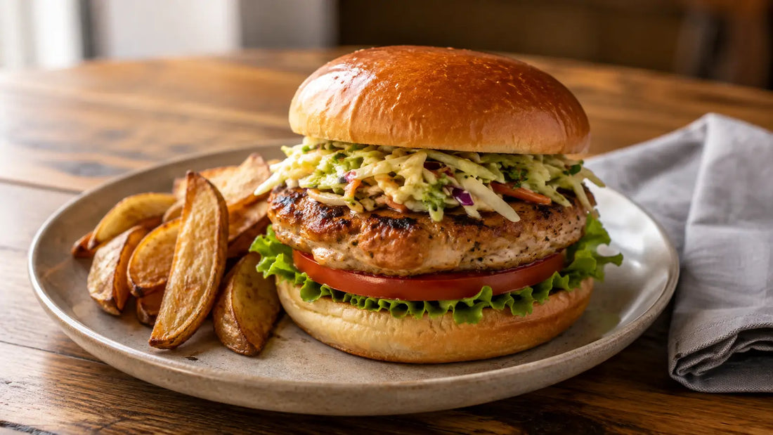 Taco-spiced turkey burger with lime slaw, tomato and lettuce in a toasted brioche bun with golden potato wedges.