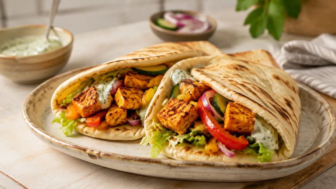 Tandoori paneer flatbreads with peppers, red onion, lettuce, cucumber and mint yoghurt.