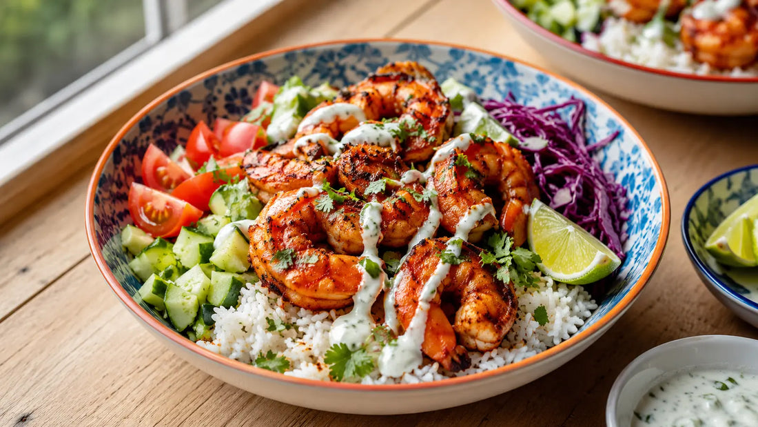 Tandoori prawn rice bowl with cucumber, tomatoes, red cabbage, lime, coriander and yoghurt drizzle.