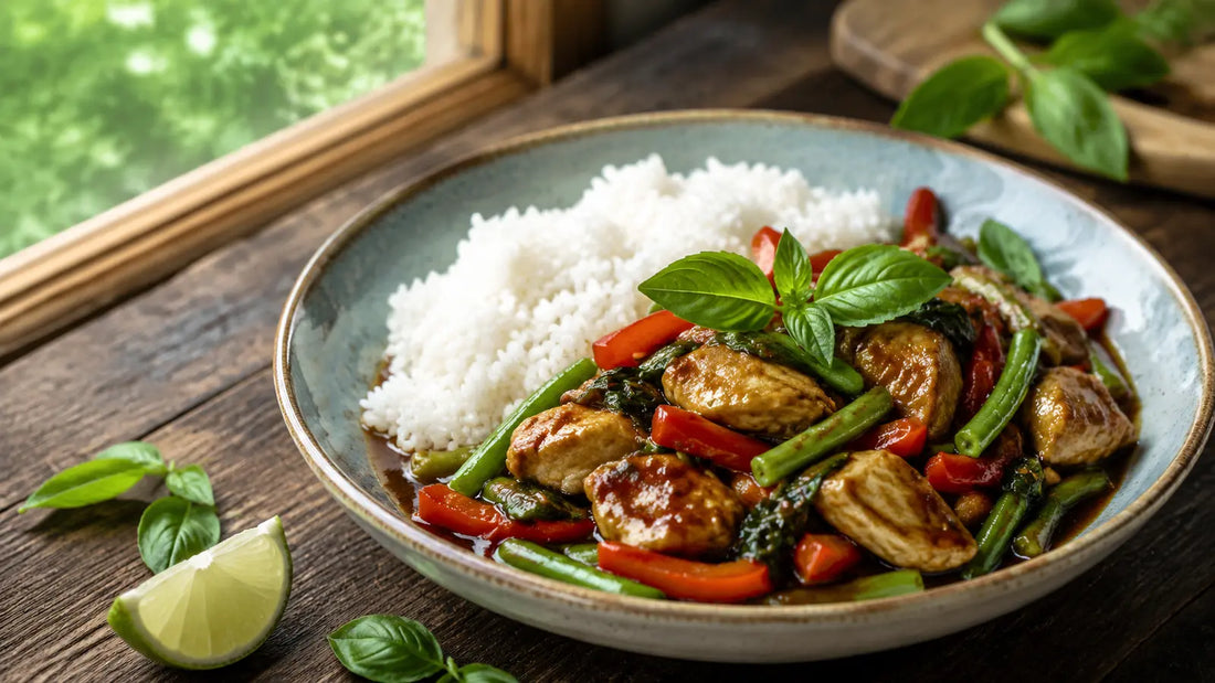 Thai basil chicken stir-fry with red pepper, green beans and jasmine rice in a rustic ceramic bowl.