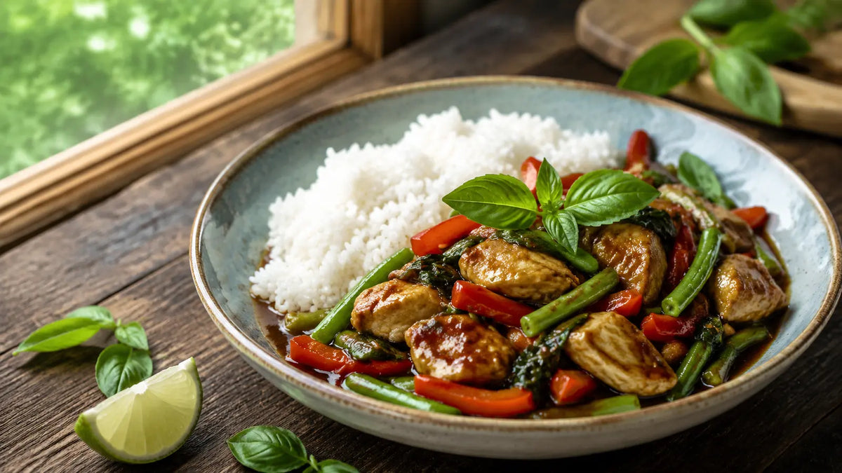 Thai basil chicken stir-fry with red pepper, green beans and jasmine rice in a rustic ceramic bowl.